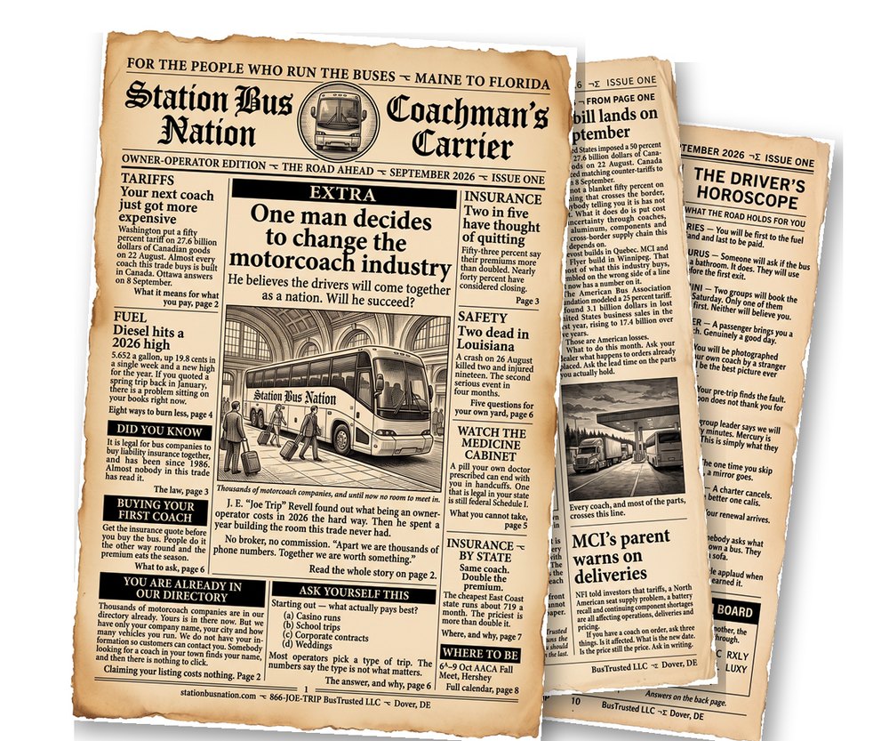 Coachman&rsquo;s Carrier, September 2026 &mdash; the front page with two inside pages behind it
